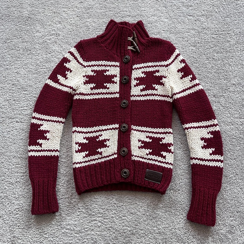 Superdry Fair Isle High Neck Cardigan Sweater Womens M Red Chunky Knit